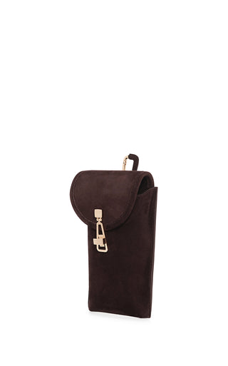 Dark Brown Suede Lenora Sunglasses Pouch - Side Angle | Gabriela Hearst