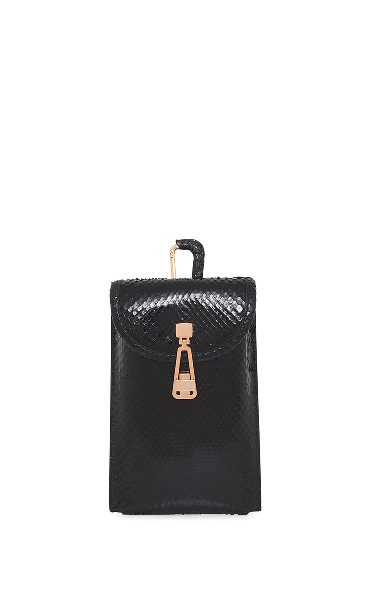 Small Leonora Flap Bag in Black Snakeskin with Sunglasses Pouch