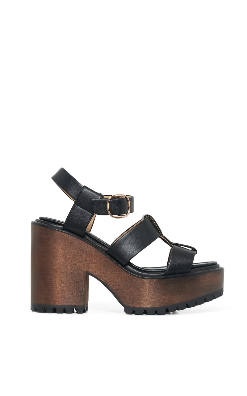 Black Leather Hera Platform Sandal - Side Profile, Wood Wedge & Rose Gold Buckle | Gabriela Hearst