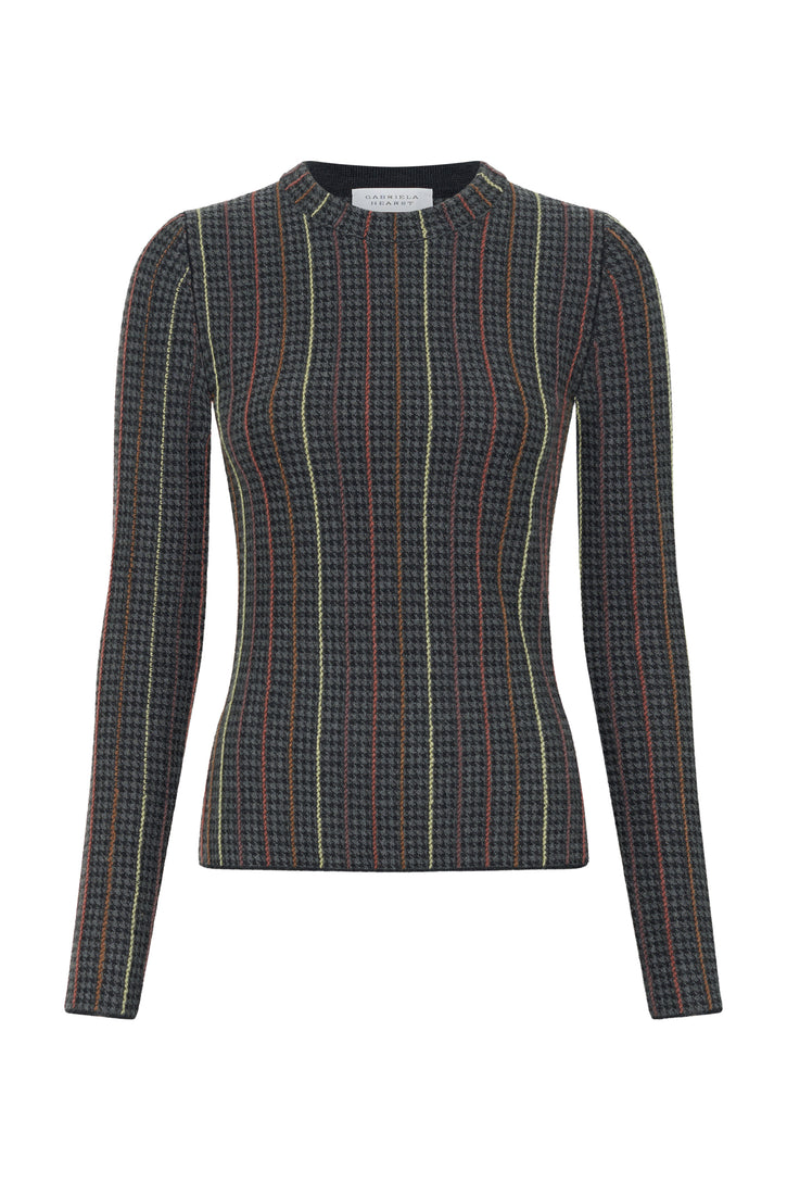 Pons Knit Sweater in Charcoal Multi Cashmere Silk Houndstooth