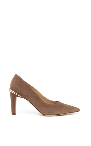 Dark Sand Suede Edwina Stiletto Pumps with Gold Hardware - Side View | Gabriela Hearst