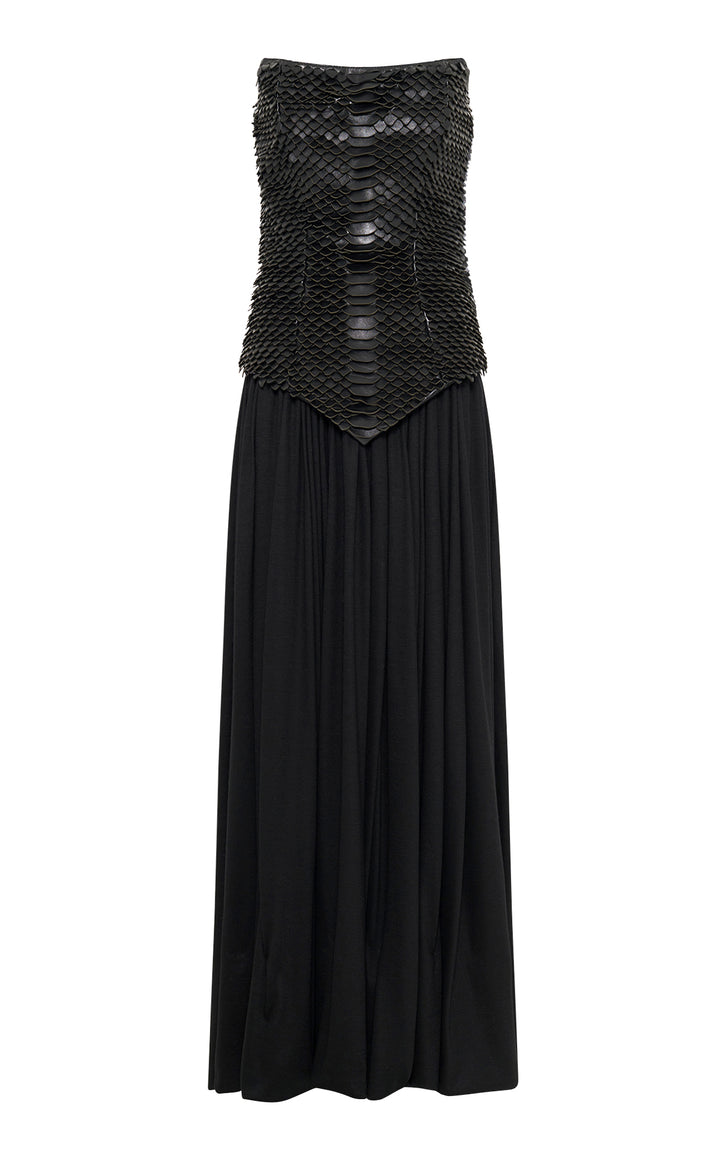 Estrid Strapless Dress in Black Leather Snake Scales