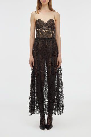 Black Silk Organza Lace Midi Dress - Front View On Model | Gabriela Hearst