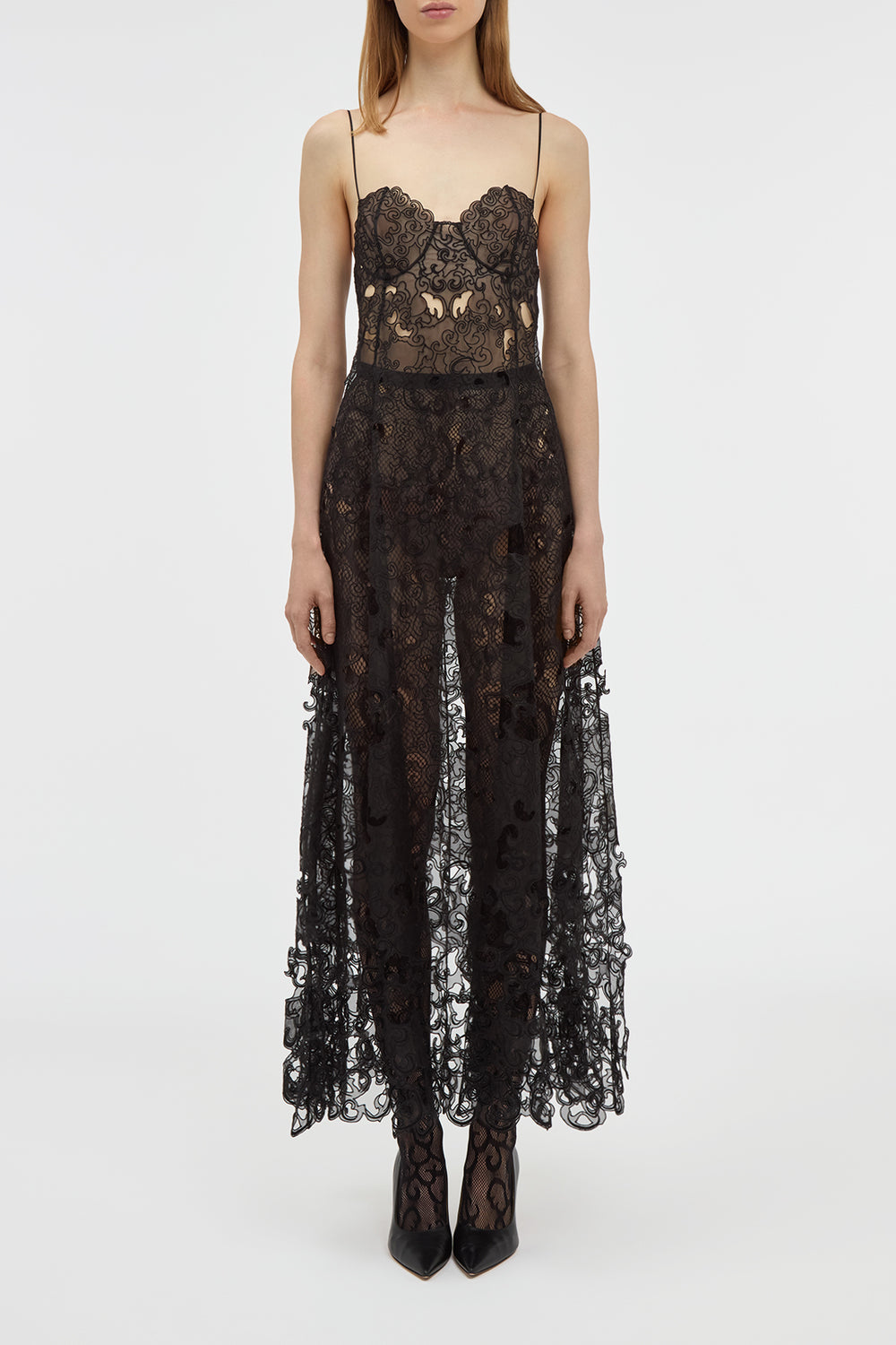 Luma Slip Midi Dress in Black Silk Organza Lace