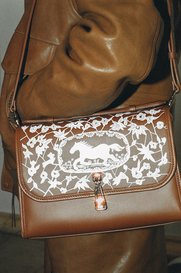 Hand Painted Medium Leonora Flap Bag in Cognac & White Leather