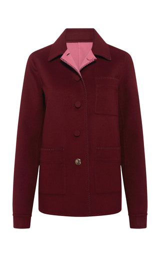 Bordeaux Recycled Cashmere Ulu Chore Jacket with Fuchsia Interior - Front View | Gabriela Hearst