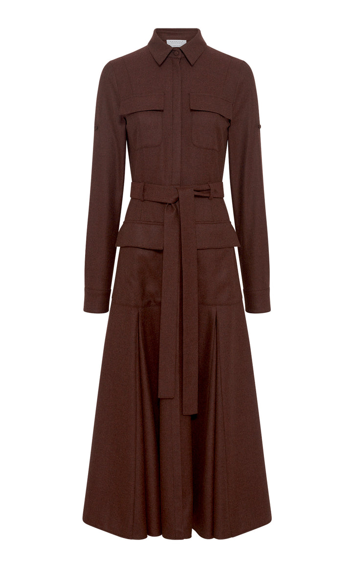 Meyer Pleated Maxi Shirtdress in Burnt Sienna Wool Cashmere Flannel