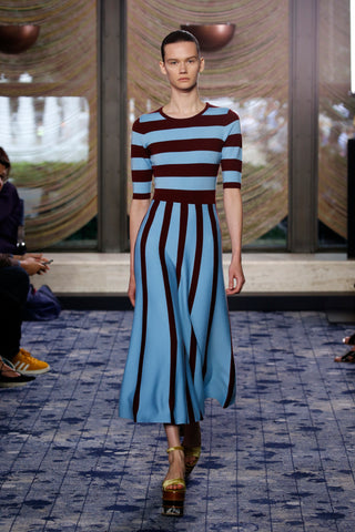 Blue Burgundy Striped Midi Dress - Runway Model Front View | Gabriela Hearst