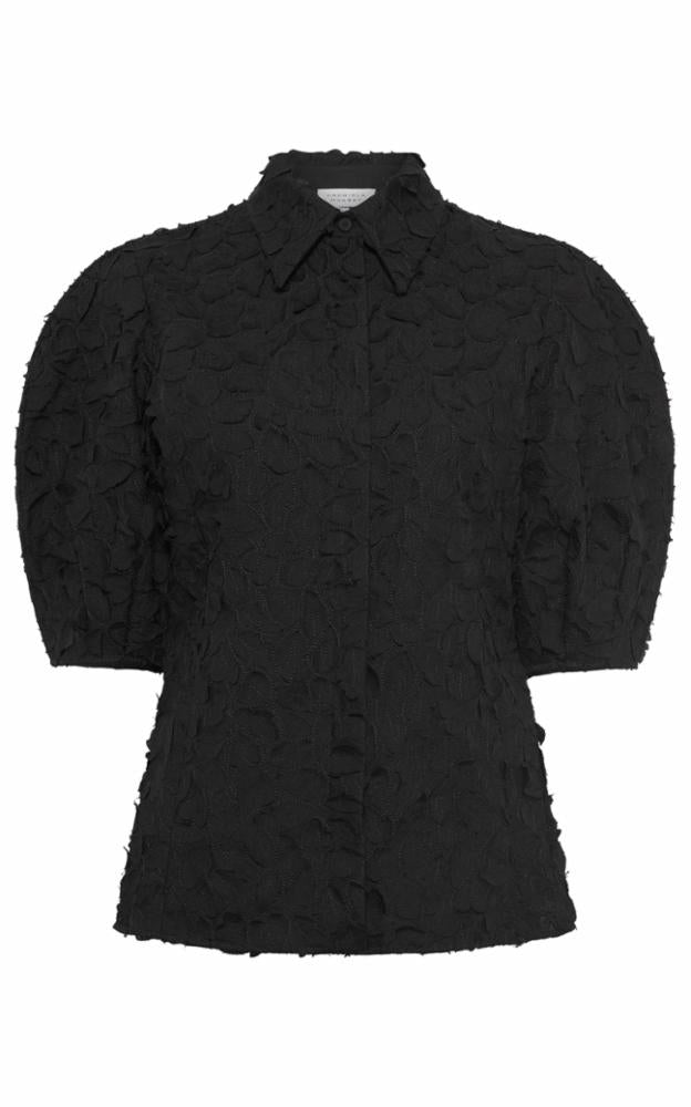 Sansi Embroidered Leaves Top in Black Linen