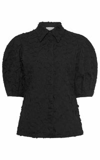 Sansi Embroidered Leaves Top in Black Linen