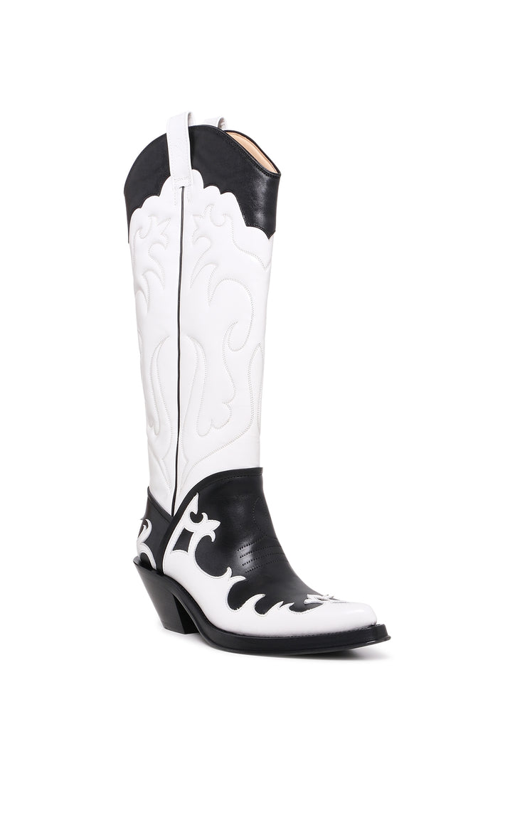 Capitana Cowboy Boot in White & Black Pearlized Leather