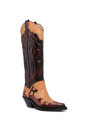 Capitana Cowboy Boot in Light Brown & Red Pearlized Leather