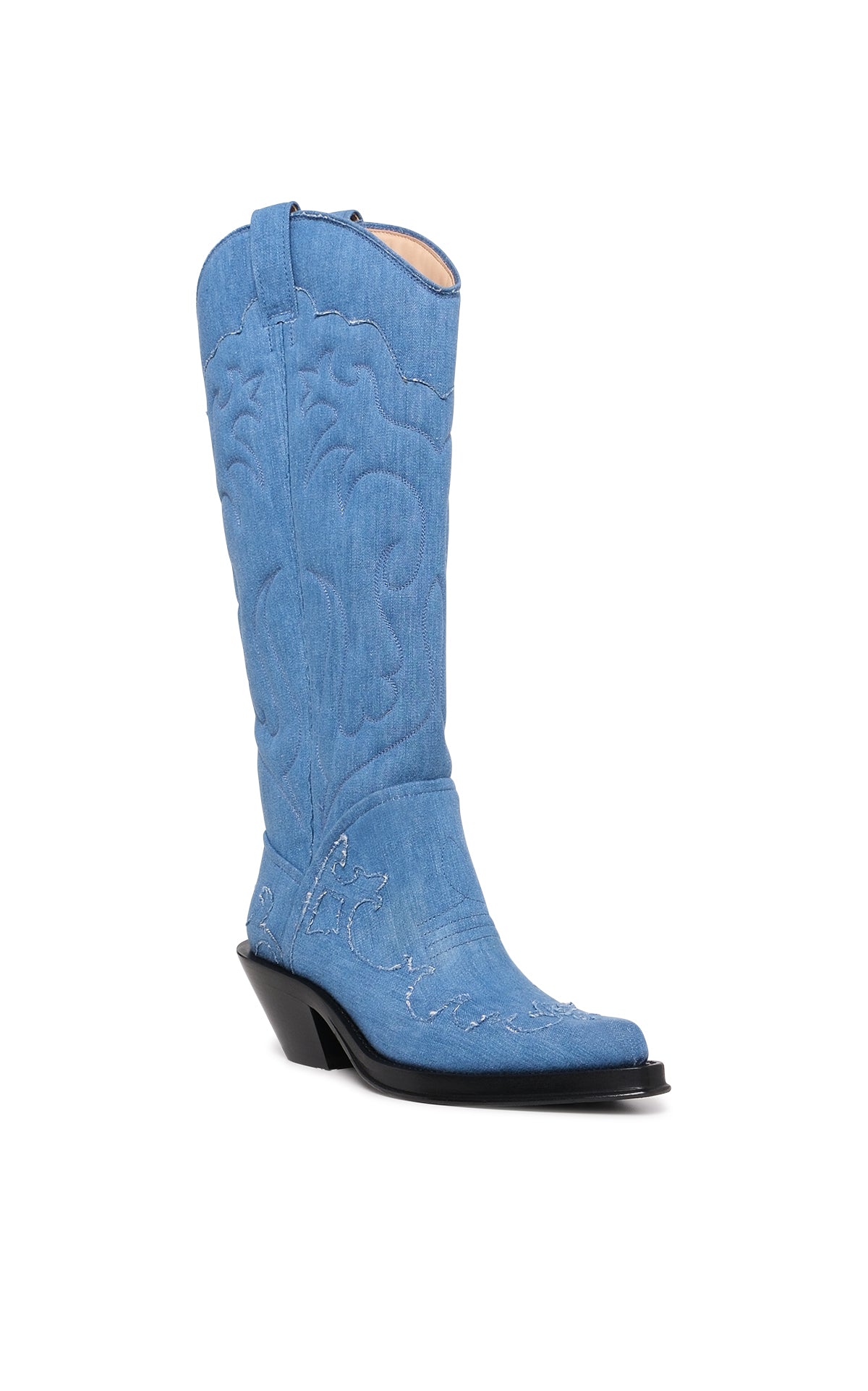 Capitana Cowboy Boot in Light Blue Recycled Cotton Linen Denim