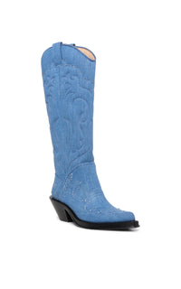 Capitana Cowboy Boot in Light Blue Recycled Cotton Linen Denim