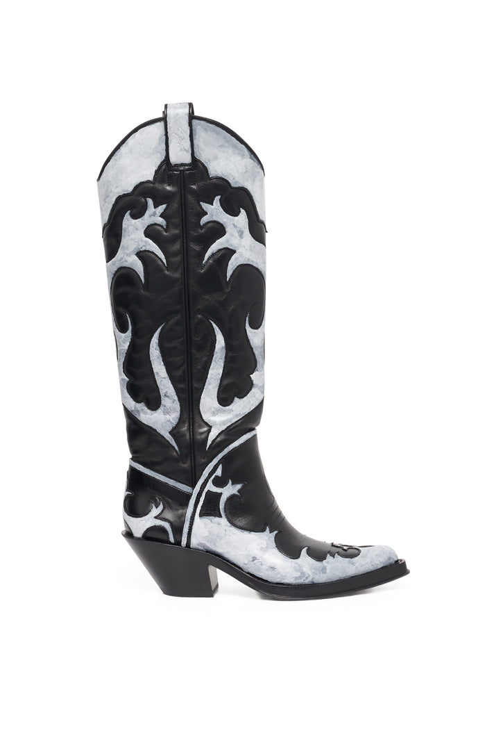 Hand Painted Capitana Cowboy Boot in Black & Grey Leather