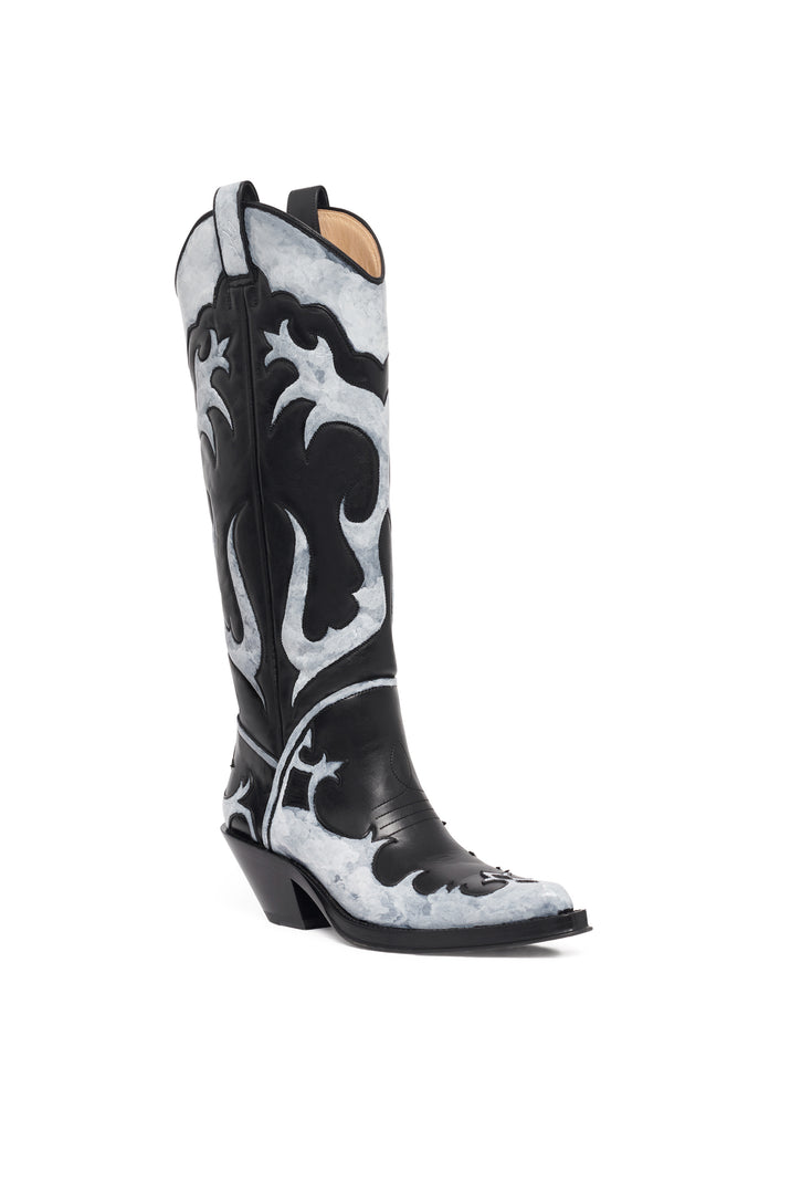 Hand Painted Capitana Cowboy Boot in Black & Grey Leather
