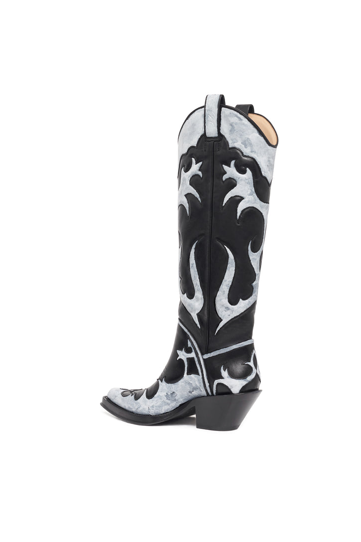 Hand Painted Capitana Cowboy Boot in Black & Grey Leather