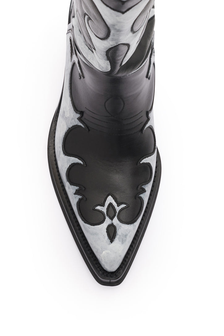 Hand Painted Capitana Cowboy Boot in Black & Grey Leather