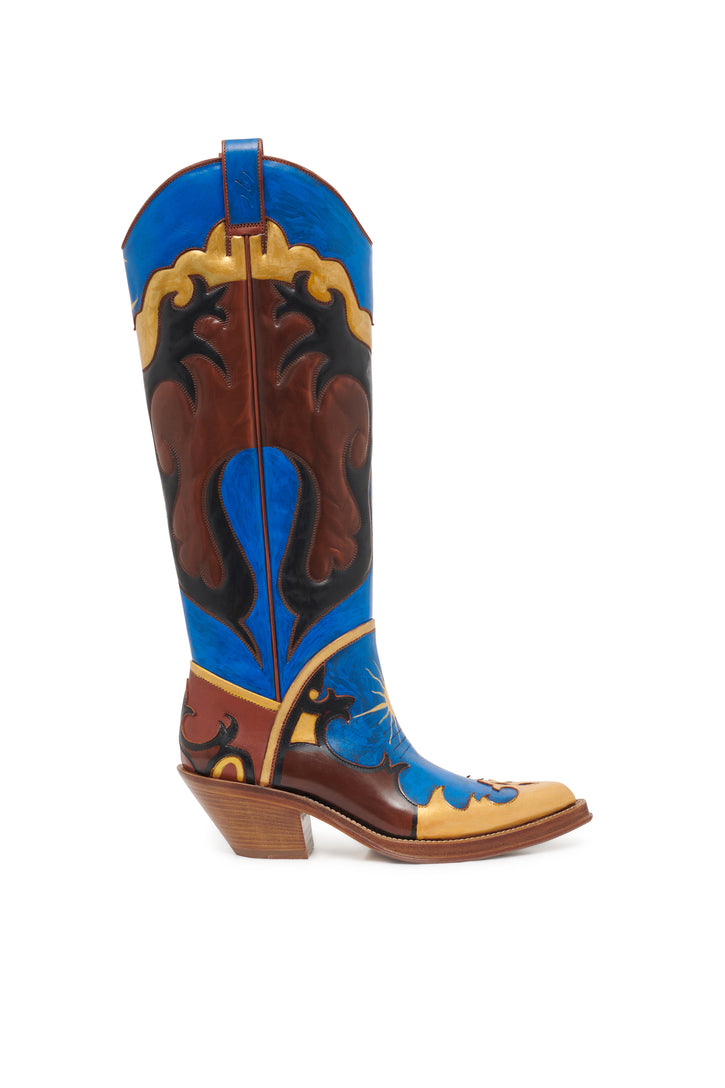 Hand Painted Capitana Cowboy Boot in Cognac, Blue & Gold Leather