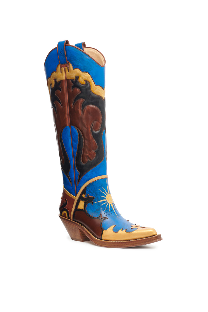 Hand Painted Capitana Cowboy Boot in Cognac, Blue & Gold Leather