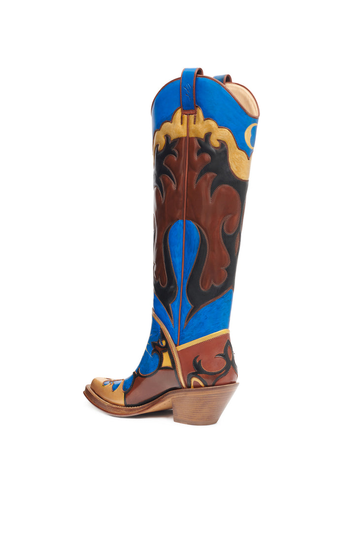 Hand Painted Capitana Cowboy Boot in Cognac, Blue & Gold Leather