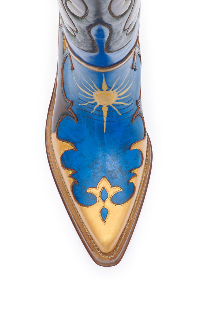 Hand Painted Capitana Cowboy Boot in Cognac, Blue & Gold Leather