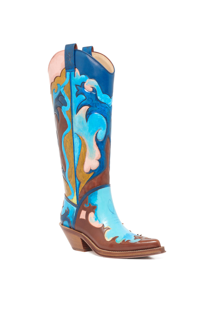 Hand Painted Capitana Cowboy Boot in Pastel Blue Leather
