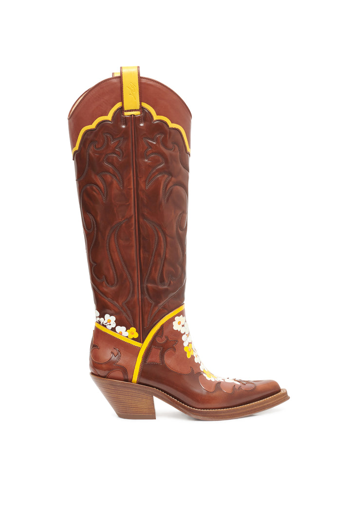 Hand Painted Capitana Cowboy Boot in Cognac, Yellow & White Floral Leather