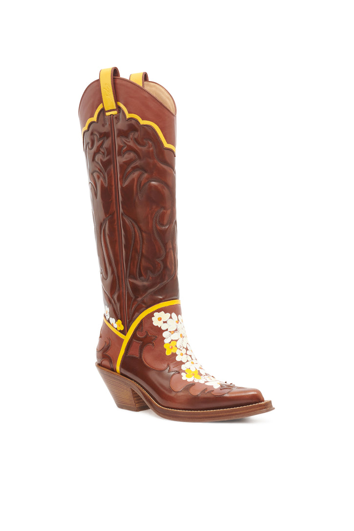Hand Painted Capitana Cowboy Boot in Cognac, Yellow & White Floral Leather