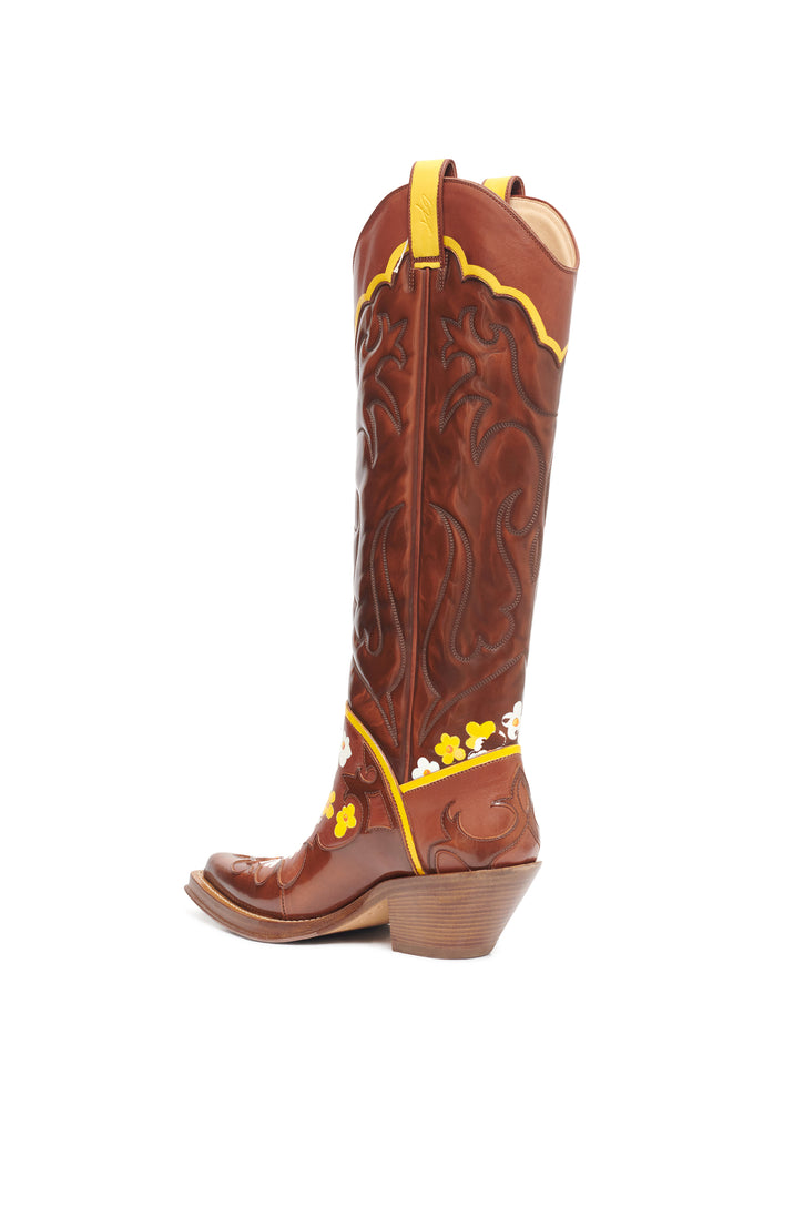 Hand Painted Capitana Cowboy Boot in Cognac, Yellow & White Floral Leather