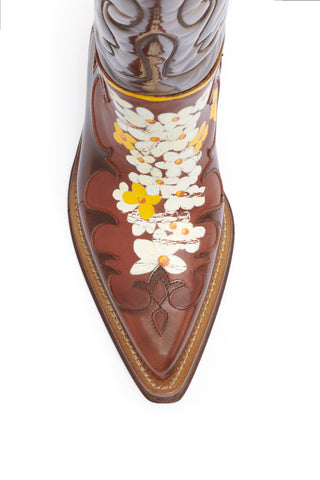 Hand Painted Capitana Cowboy Boot in Cognac, Yellow & White Floral Leather