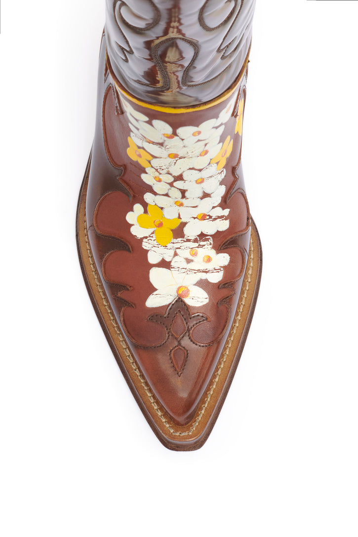 Hand Painted Capitana Cowboy Boot in Cognac, Yellow & White Floral Leather