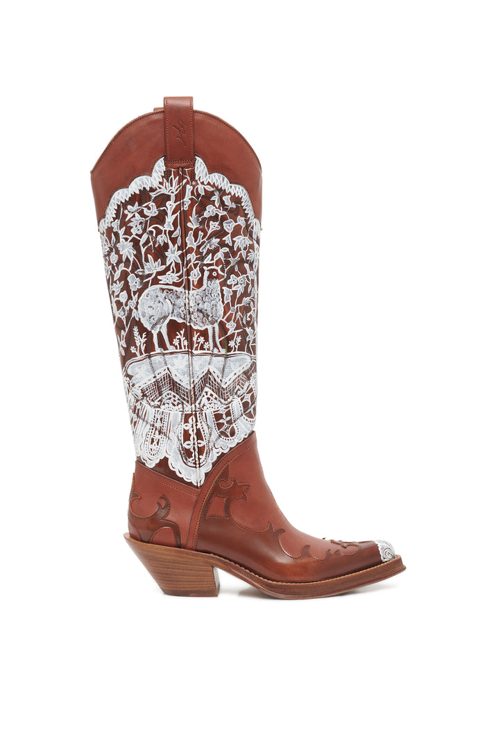 Hand Painted Capitana Cowboy Boot in Cognac & White Leather