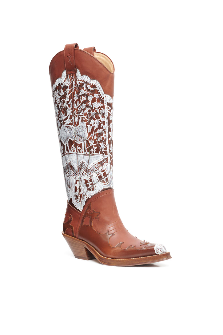 Hand Painted Capitana Cowboy Boot in Cognac & White Leather