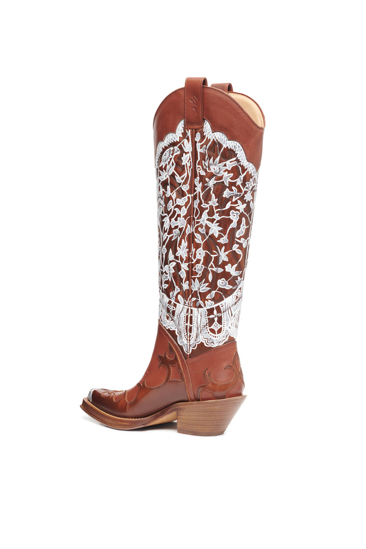 Hand Painted Capitana Cowboy Boot in Cognac & White Leather