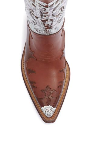 Hand Painted Capitana Cowboy Boot in Cognac & White Leather