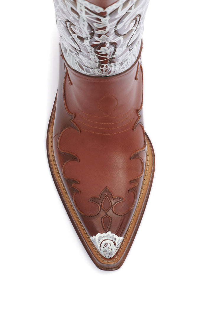 Hand Painted Capitana Cowboy Boot in Cognac & White Leather