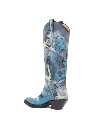 Hand Painted Capitana Cowboy Boot in Blue Grey Multi Leather