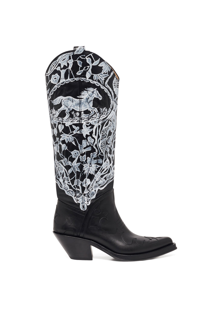 Hand Painted Capitana Boot in Black & White Leather