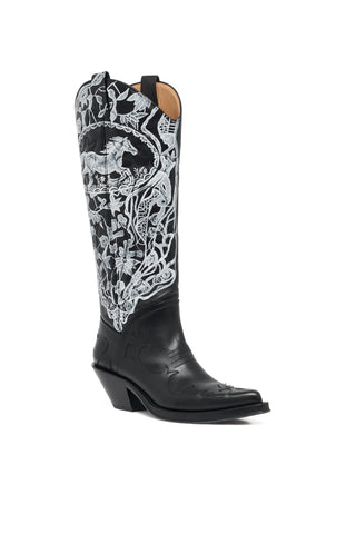 Hand Painted Capitana Cowboy Boot in Black & White Leather