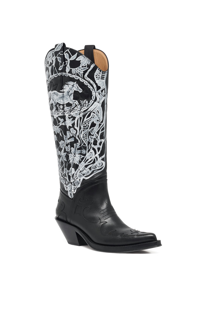 Hand Painted Capitana Boot in Black & White Leather