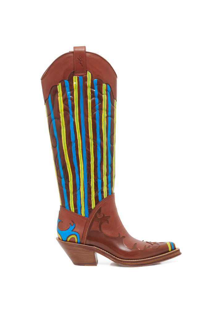 Hand Painted Capitana Boot in Cognac Blue & Yellow Leather