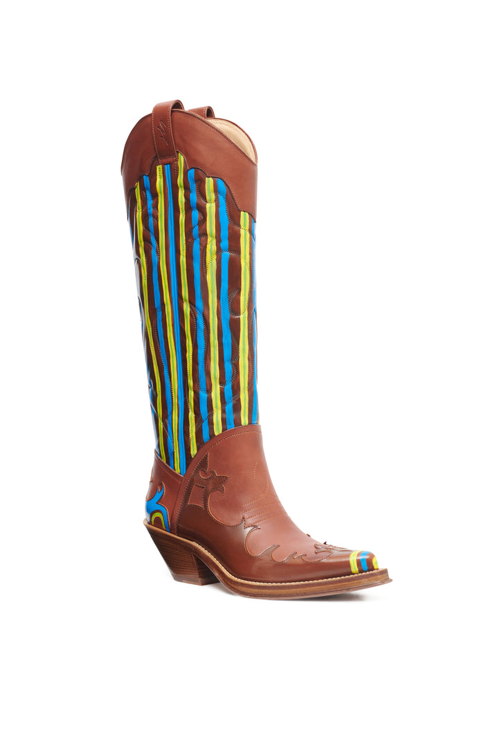Hand Painted Capitana Boot in Cognac Blue & Yellow Leather