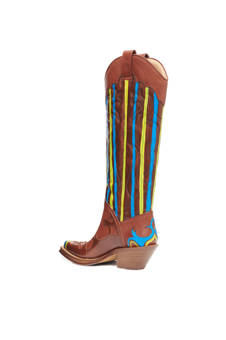 Hand Painted Capitana Boot in Cognac Blue & Yellow Leather