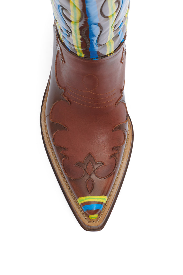 Hand Painted Capitana Boot in Cognac Blue & Yellow Leather