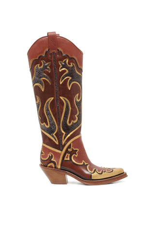 Capitana Hand Painted Cowboy Boot in Cognac & Gold Leather