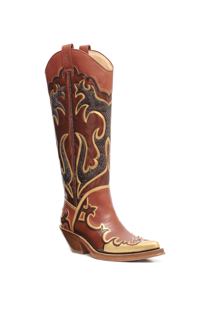 Hand Painted Capitana Cowboy Boot in Gold Leather