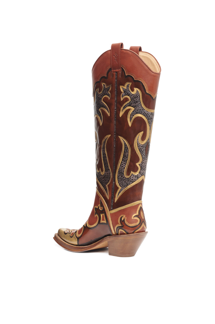 Hand Painted Capitana Cowboy Boot in Gold Leather
