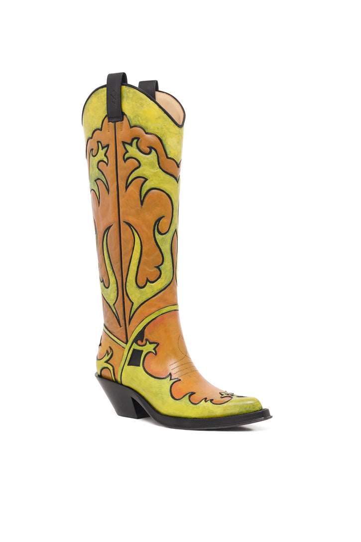 Hand Painted Capitana Coeboy Boot in Orange & Yellow Leather
