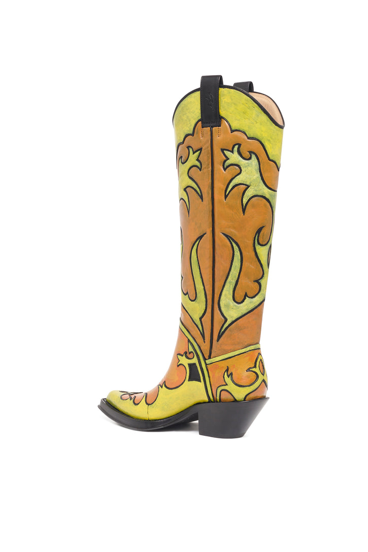 Hand Painted Capitana Coeboy Boot in Orange & Yellow Leather